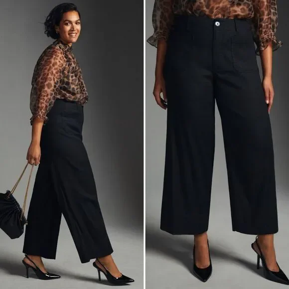 Maeve by Anthropologie Colette Linen Blend Cropped Wide-Leg Pants in Black Size - Picture 4 of 6